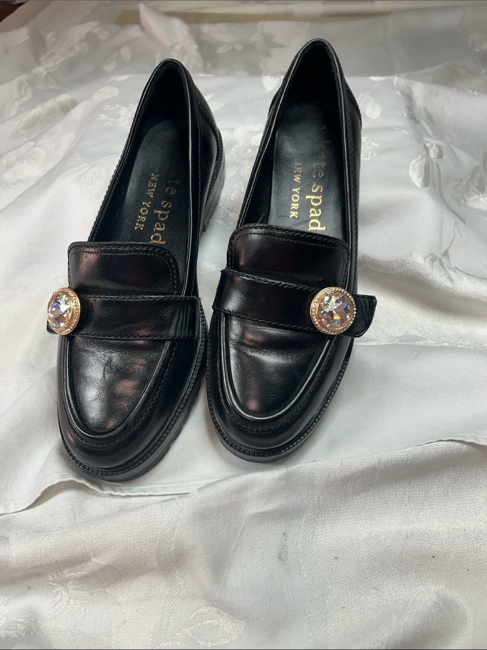 kate spade Black Leather Loafers with Gold Crystal Medallions